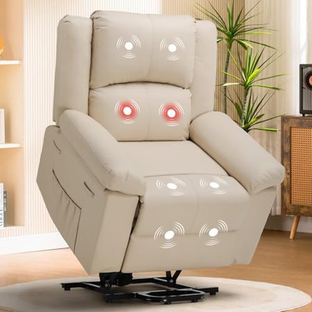 COMHOMA Power Lift Recliner for Elderly, Lift Chair with Heat and Massage,PU Recliner Sofa with 2 Side Pockets and Infinite Position for Living Room, White