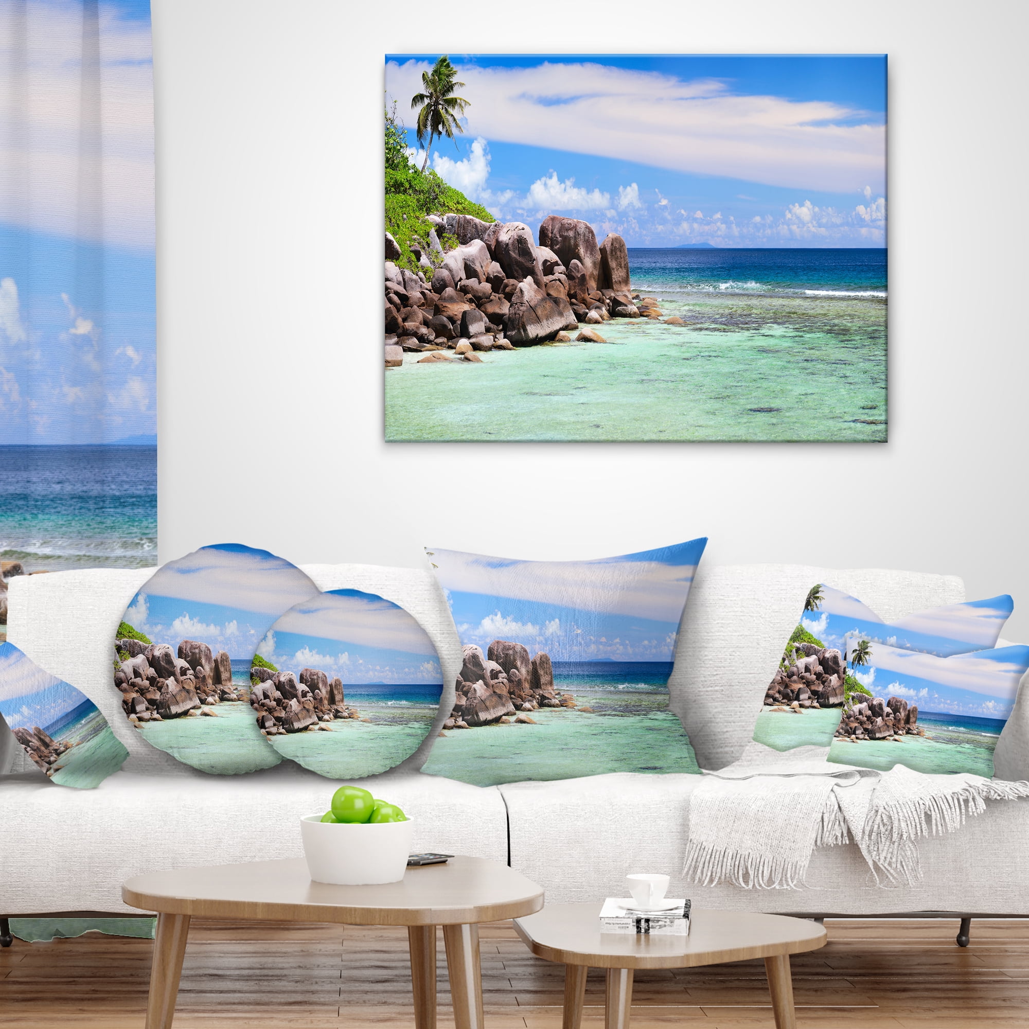 Designart Beautiful Seychelles Rocky Coast - Landscape Printed Throw Pillow - 18x18
