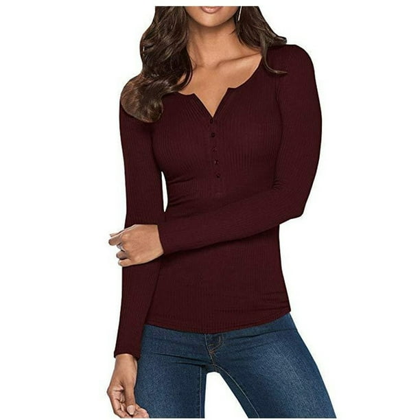 Women's Henley Shirts Long Sleeve V Neck Ribbed Button Knit Sweater Solid  Color Tops