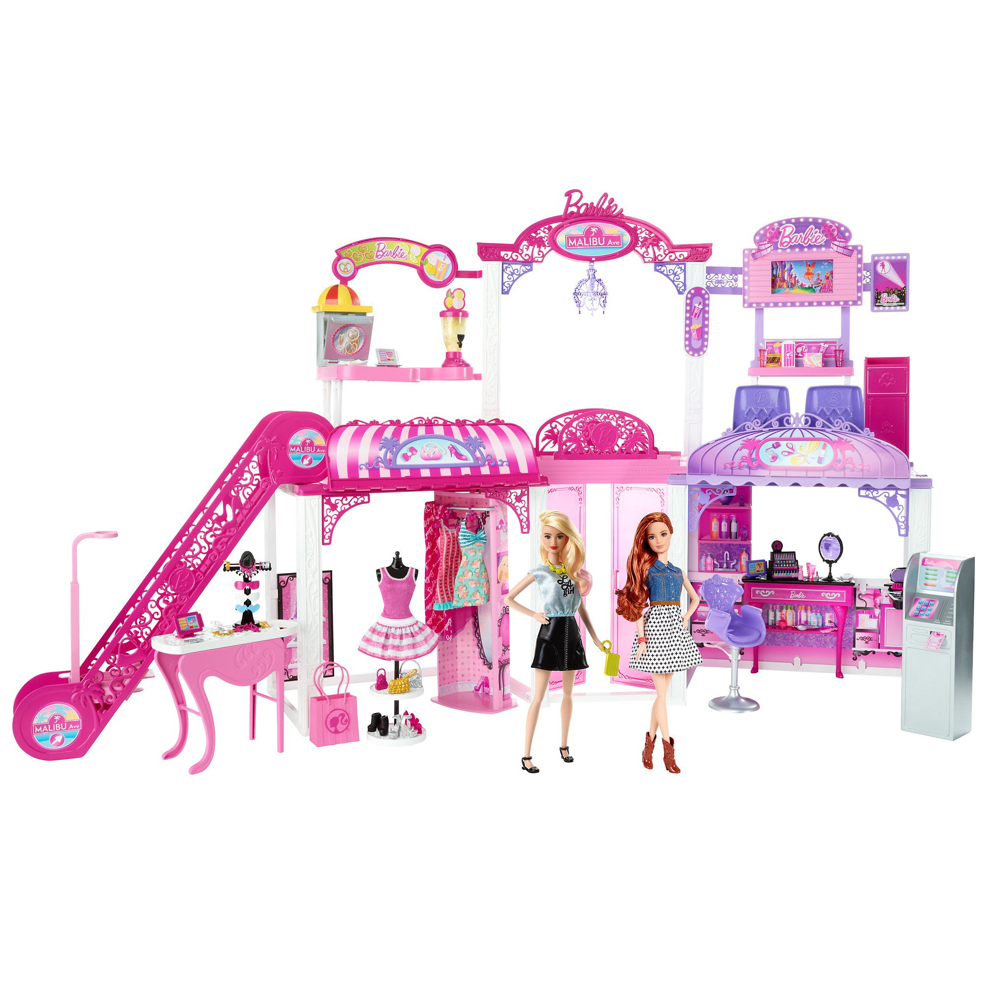Barbie Malibu Ave 2-Story Mall with 2 Dolls (50+ Pieces, 2' Wide) - Walmart.com