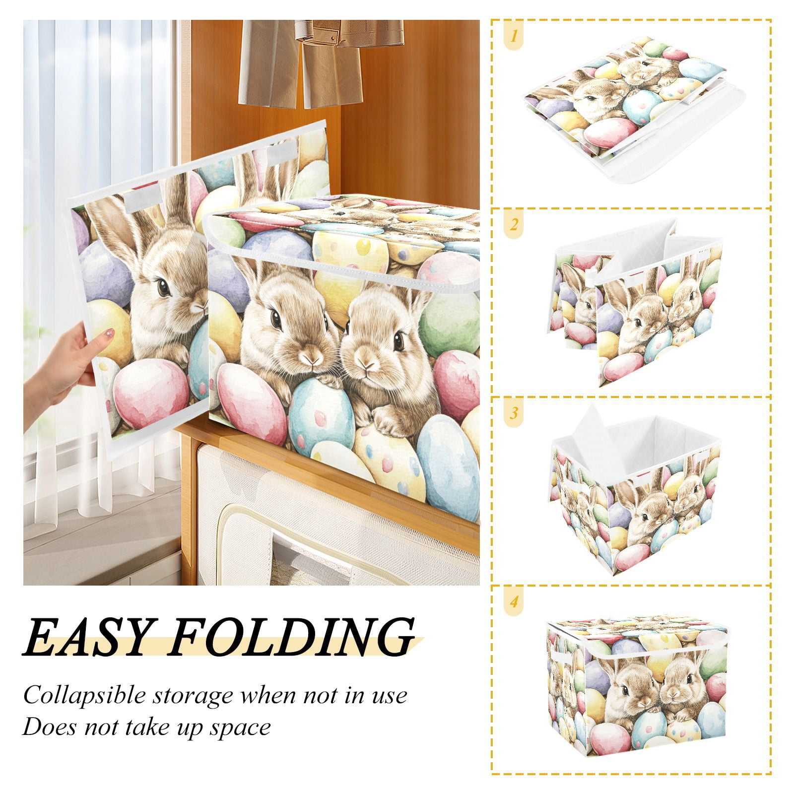 Easter Eggs Bunnies Storage Basket for Shelves Foldable Container Organizer for Organizing Toys Clothes Books with Handles