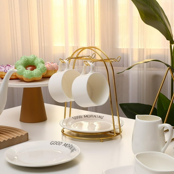 HAMPPLIES 1Set Golden Iron Drying Display Stand for Tea Cups and Saucers in Home