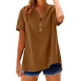 thumbnail image 2 of Yotami Womens Button Down Shirts Plus Size Cotton Linen Short Sleeve Blouses Summer V-Neck Loose Fit Casual Tops Brown, 2 of 3