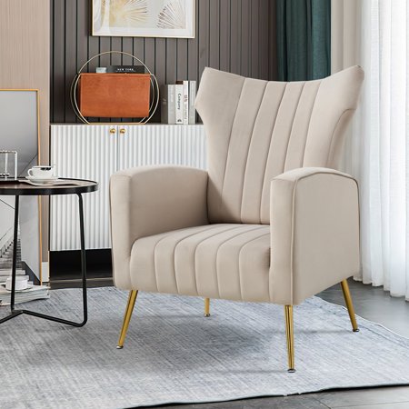Unique Choice Modern Velvet Accent Chair with Arms and Curved High Back  Wingback Reading Chair with Gold Metal Legs Light Grey