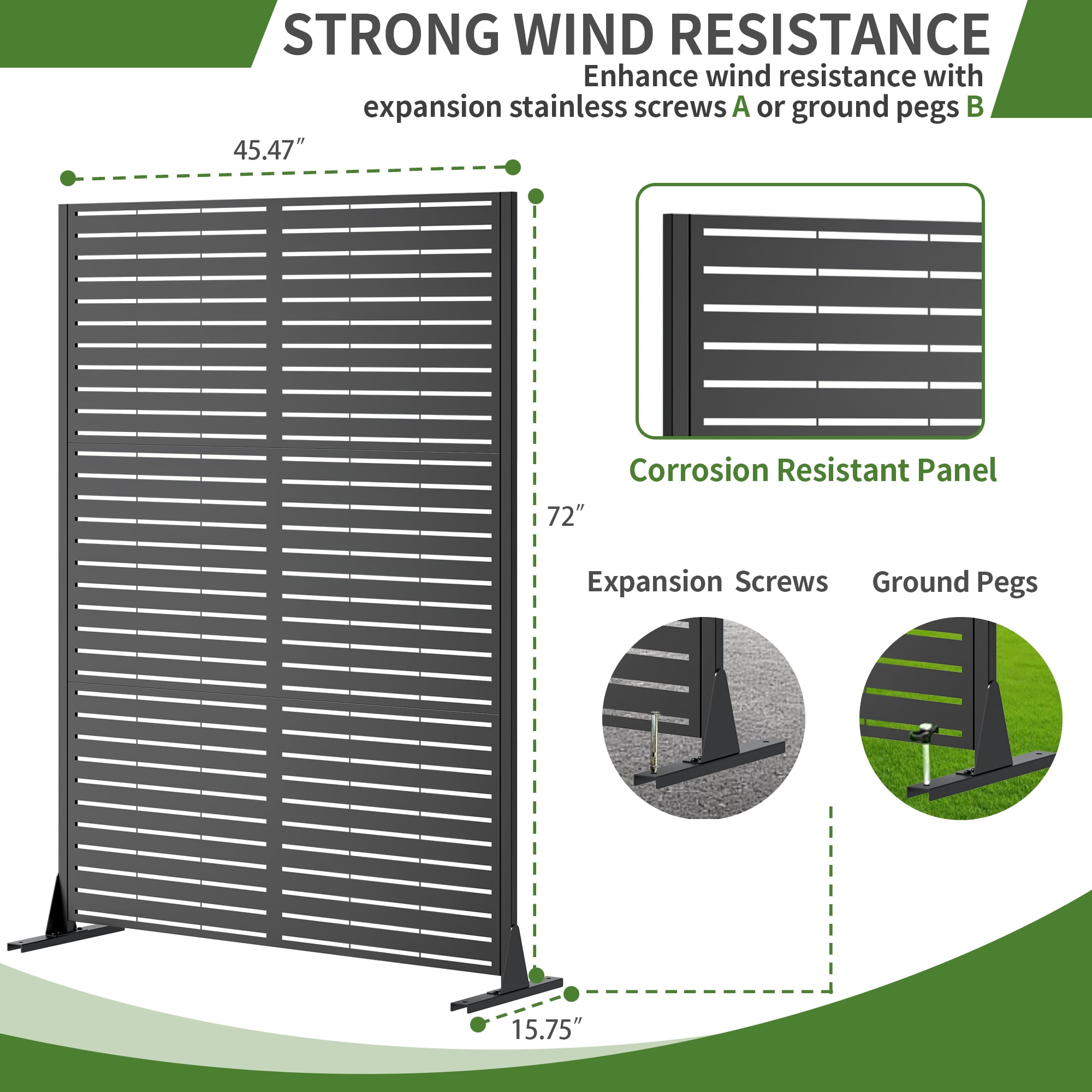 Outdoor Privacy Screen, 72x46 Inch Freestanding Metal Fence for Garden Backyard Patio Decor, Black