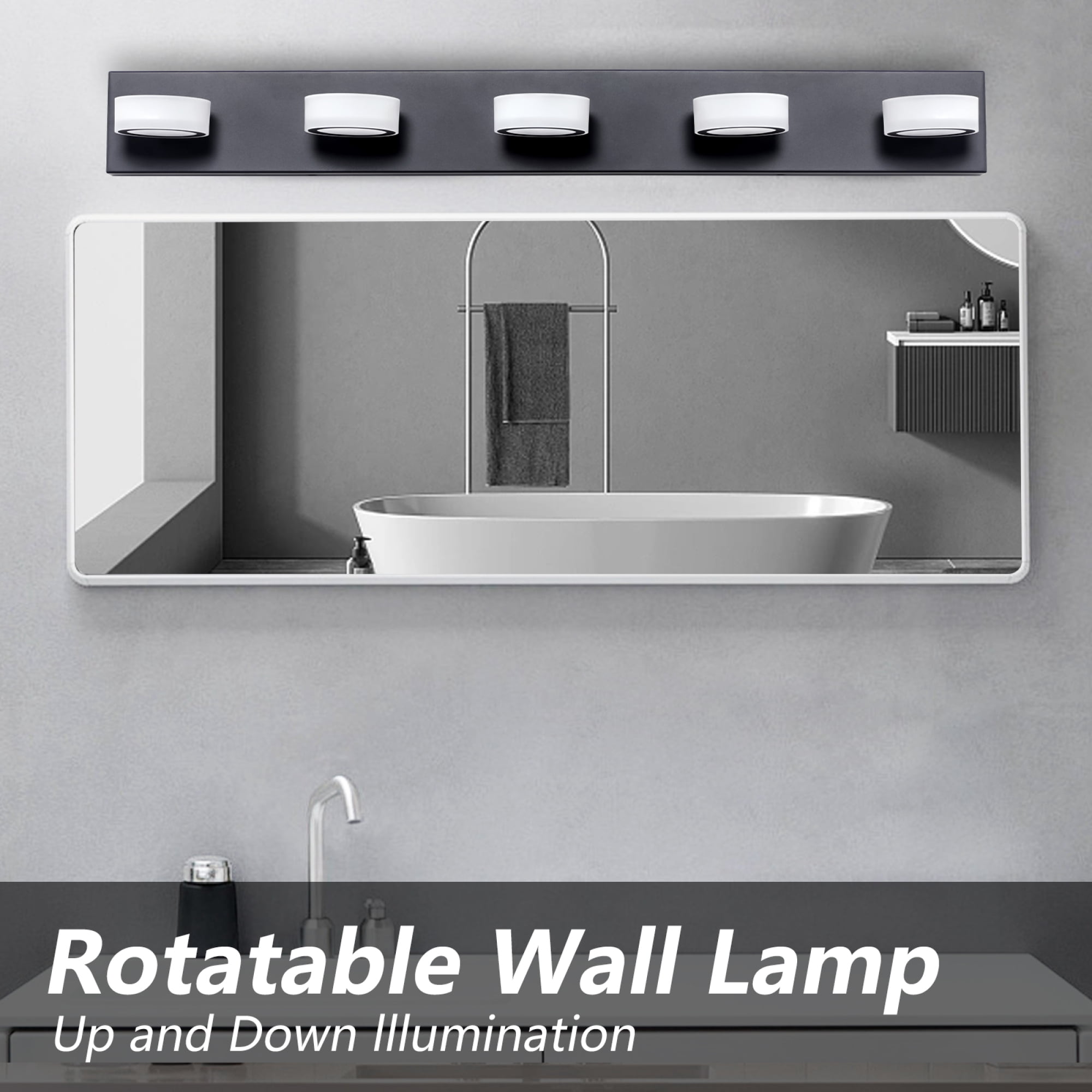 Leumius Modern 5-Light LED Vanity Light Fixture, Black Finish with Acrylic Light Shades, Energy-Efficient Bathroom Wall Sconce, Dimmable for Mirror, Shower and Bathroom Decor