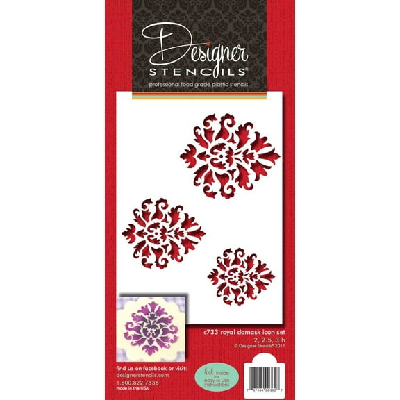 Designer Stencils C733 Royal Damask Icon Cake Stencil Set, Beige/semi-transparent