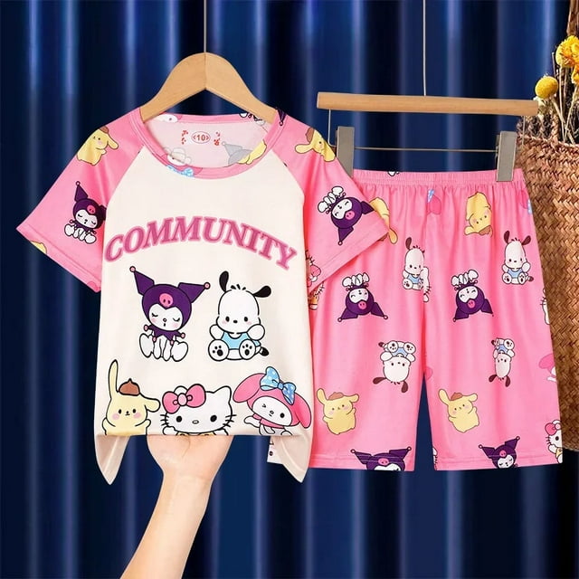 Pyjama d'Été Sanrioed Cinnamoroll pour Enfants, Ensemble Anime Kuromi Hello Kitty à Manches Courtes, Vêtements de Nuit pour Enfants, Vêtements de Maison