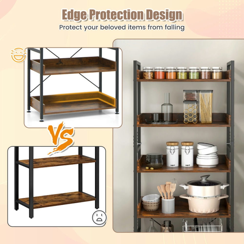 Demi Bonn 6-Tier Tall Industrial Bookshelf, Bookcase with Open Shelves and 4 Hooks, Brown