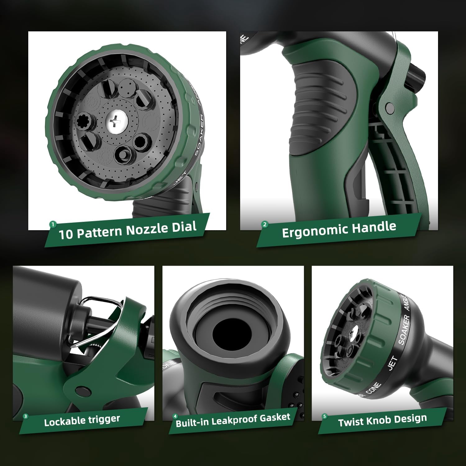 Garden Water Hose Nozzle, Water Spray Nozzle with 10 Spray Modes Suitable for Watering Plants, Iawns and Gardens, Car Washing, Cleaning, Showering Pets and Outdoor Fun, Green