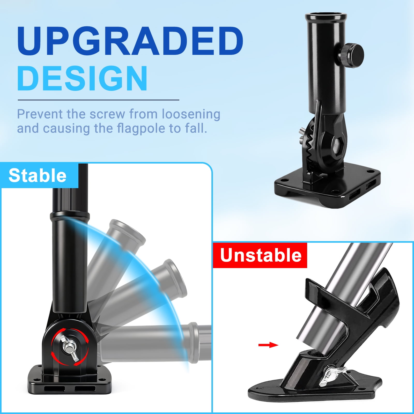 FIASON 1 Pack 1 Inch Black Metal Adjustable Flag Pole Holder Heavy Duty Aluminum Alloy 180° Rotating Flag Holder with Stainless Steel Hardware 13 Position Flag Bracket Flag Pole Mounting Bracket