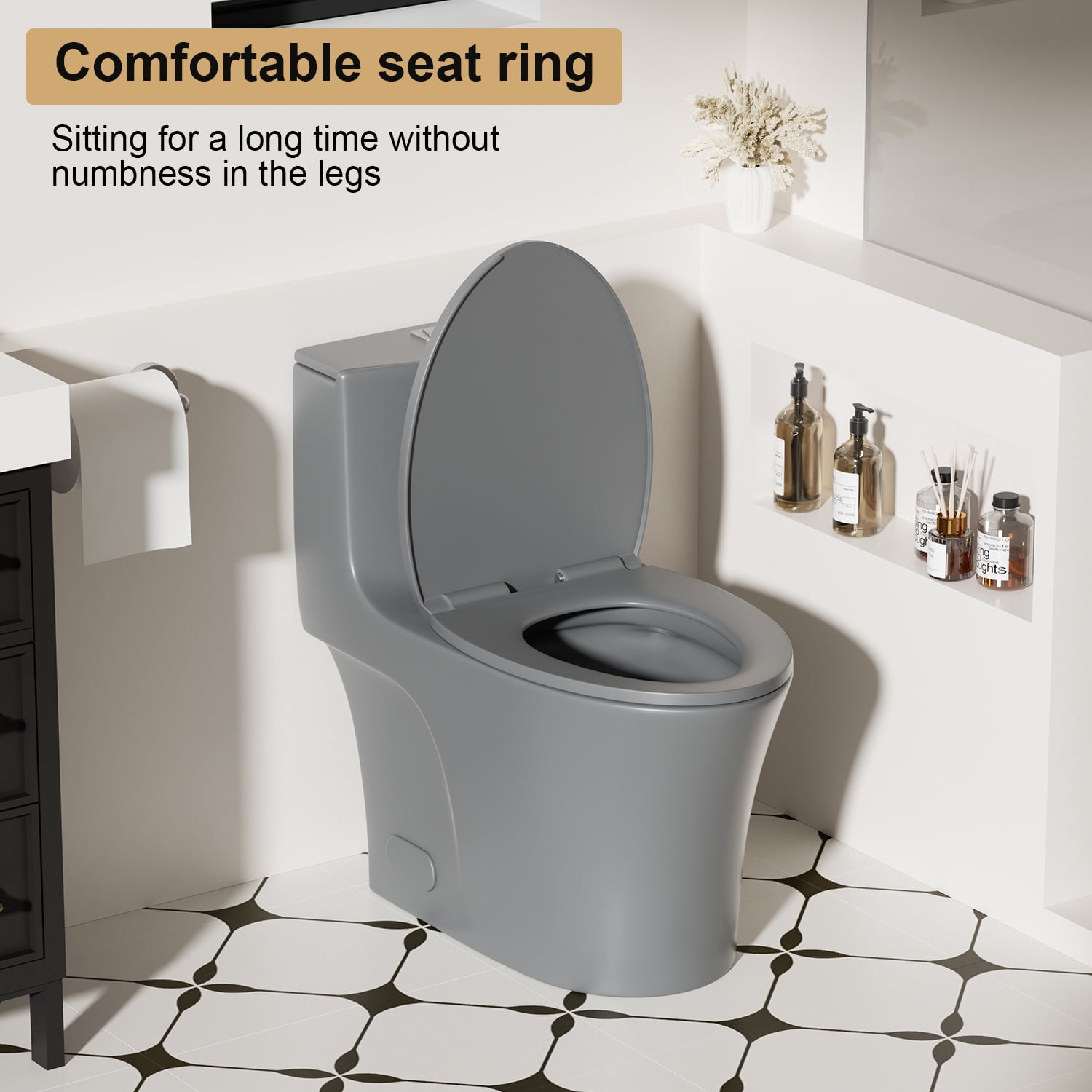 One-Piece Toilet,1.1/1.6 GPF Elongated Modern Toilet,Soft Closing Seat,Siphonic S-trap,LIGHT GREY 02