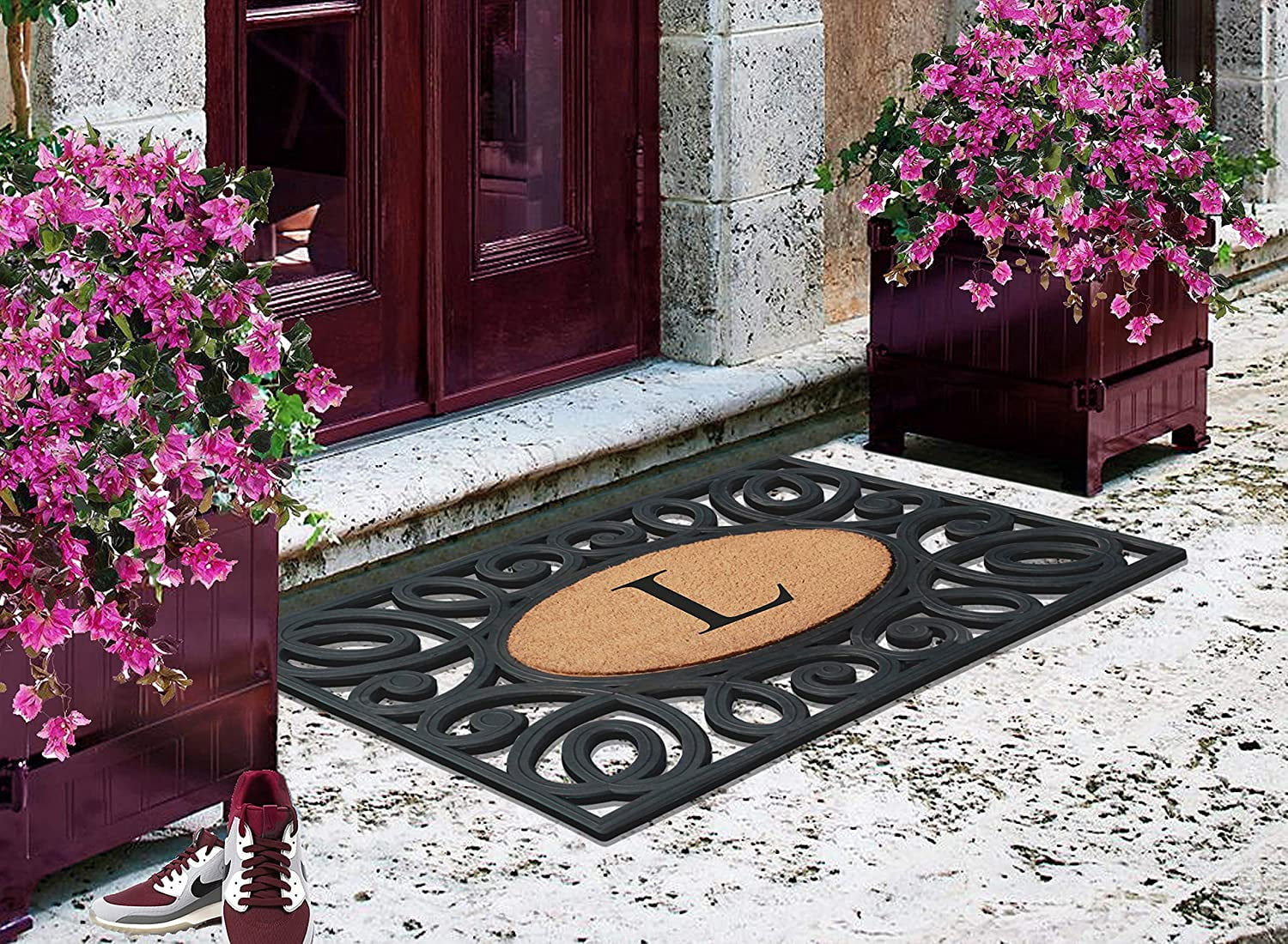 A1HC Elegant Circles Rubber and Coir Mat for Outdoor Entrance Heavy Duty Monogrammed Doormat Black/Beige 23x38