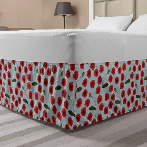 Floral Bed Skirt, Poppy Flower and Seeds Flower Buds Leaves, Elastic Bedskirt Dust Ruffle Wrap Around for Bedding Decor, 4 Sizes, Vermilion Pale Blue, by Ambesonne