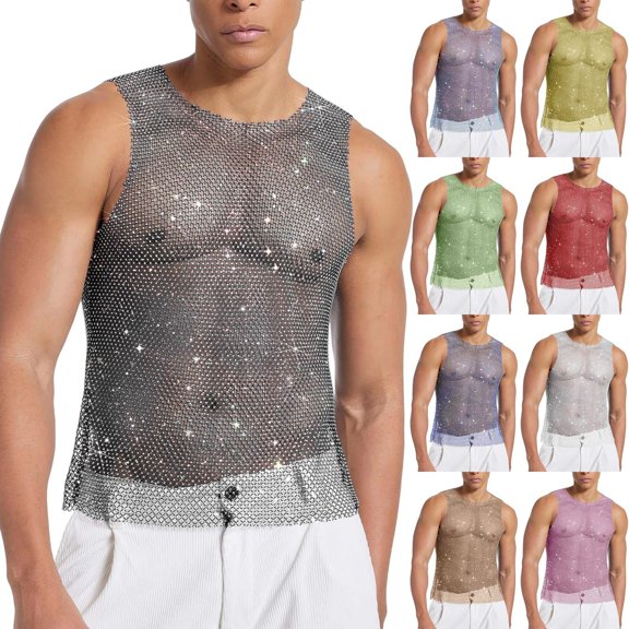 Kalauyu Mens Rhinestone Mesh Sleeveless Tank Tops Sheer Through Button Hem Club Party Nightclub Tank Tops
