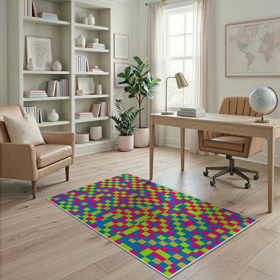 ODIKA Eccentric Interlocking Squares Funky Geometric Vibrant Checkerboard Pet Friendly & Kids Safe Play for Playroom, Bedroom, Reading Nook