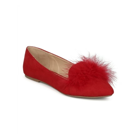 

New Women Wild Diva Pippa-229 Faux Suede Pointy Toe Feather Pom Pom Ballet Flat