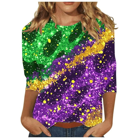Fancifize 3/4 Sleeve Mardi Gras Tshirt Womens Fancy Holiday Tops Carnival Theme Party Shirt for Women Trendy Crewneck Graphic Tops