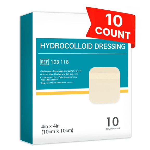 Dimora Hydrocolloid Wound Dressing, 4" x 4" Ultra Thin Large Patch Bandages,  Sterile Self-Adhesive Patches for Bed Sores, Burns, and Blisters, Fast Healing, 10 Count