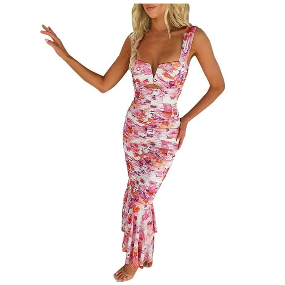 Siilsaa Flowy Dress Womens Summer Wrap Maxi Dress Casual Floral Short Sleeve Ruffle Hem Split Beach Long Dresses Red,M