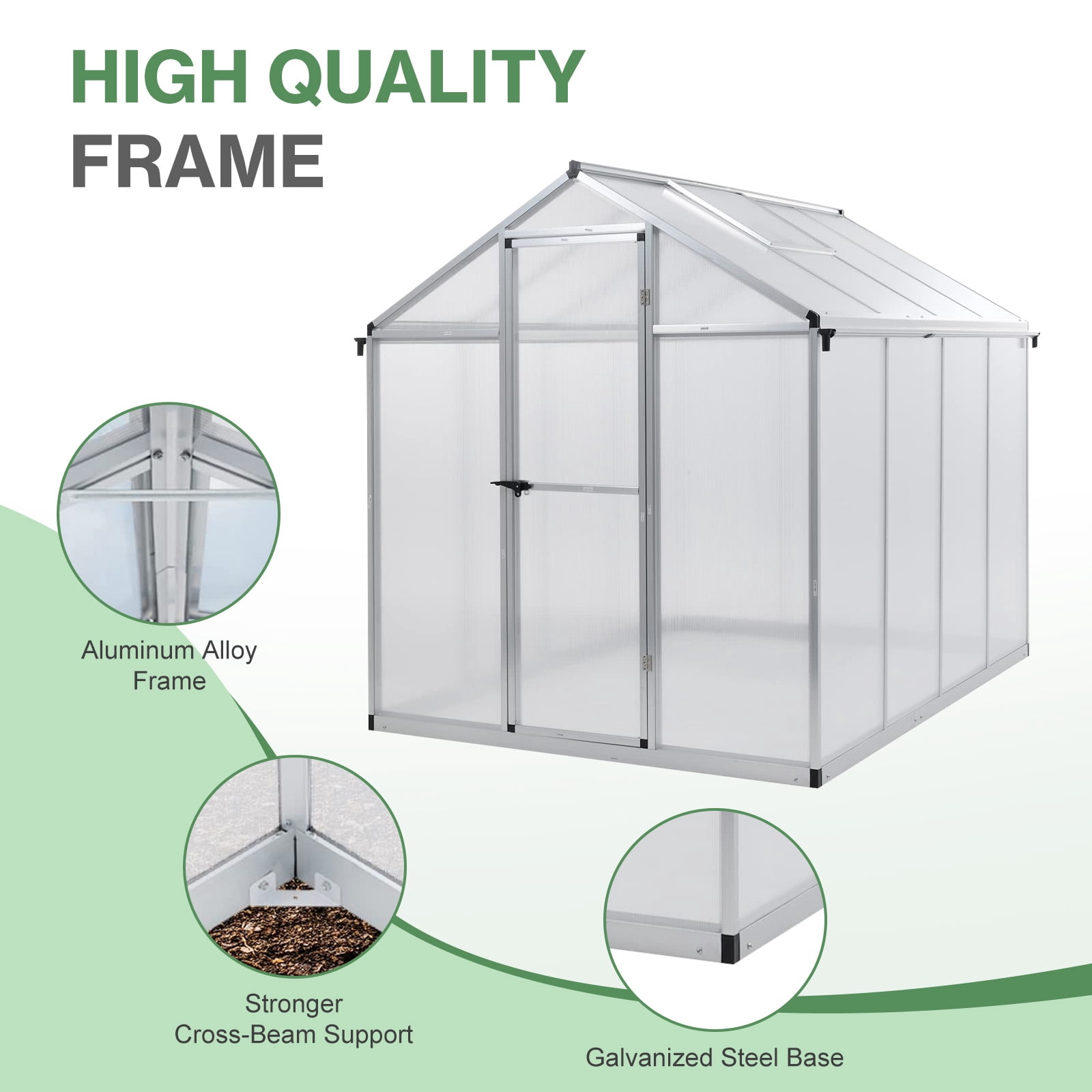 Aoodor 6' x 8' Outdoor Greenhouse, Walk-in Polycarbonate Greenhouse with Aluminum Frame for Outside Backyard, Silver