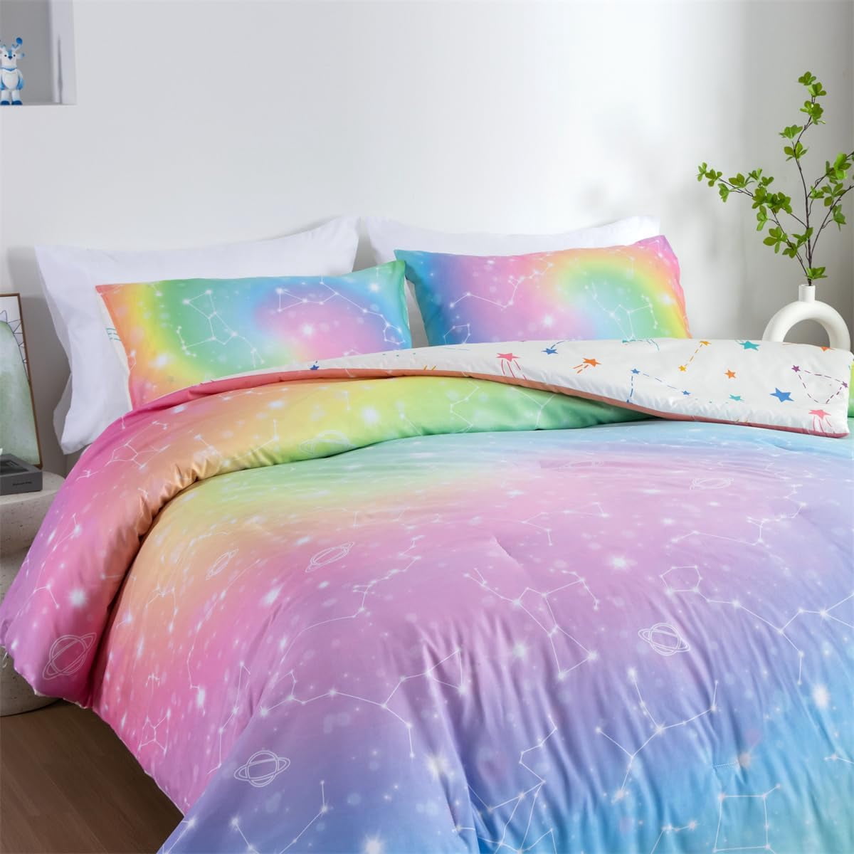 NTBED Tie Dye Constellation Rainbow Ombre Comforter Set Twin Size Gradient Galaxy Bedding Set for Kids Girls Boys Pink Green 3Pcs