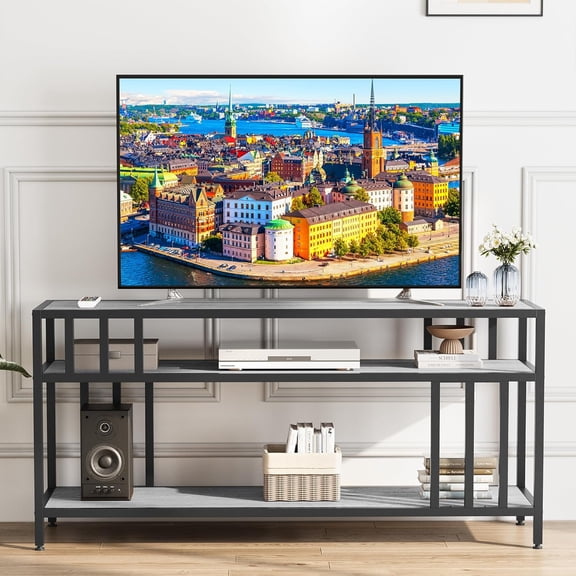 58" TV Stand for TV up to 65 Inches, Entertainment Center with Open Storage Shelves, Media Console Table with Quadruple-Tube Support for Living Room, Bedroom, Grey