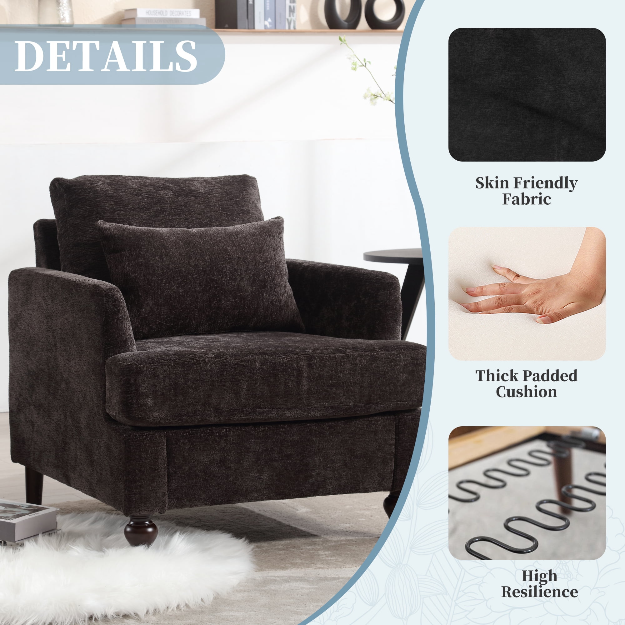 MOONMISS Chenille Upholstered Mid Century Modern Wood Frame Armchair-BLACK