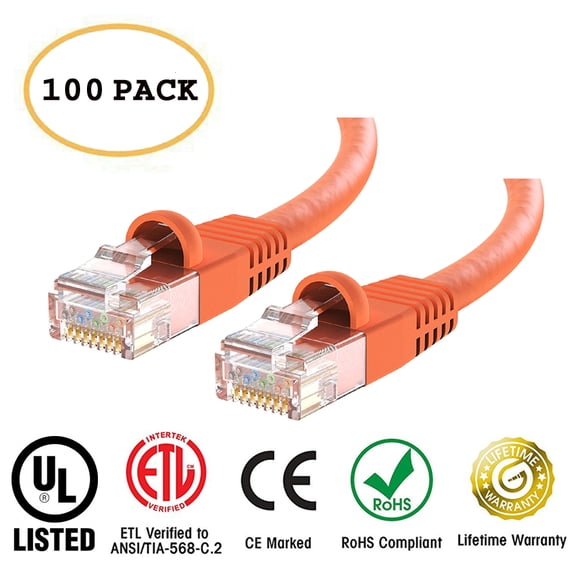 Huetron™ 100-Pack Cat 6 Ethernet Cable Cat6 Snagless Patch 1 Feet - Computer LAN Network Cord, ORANGE