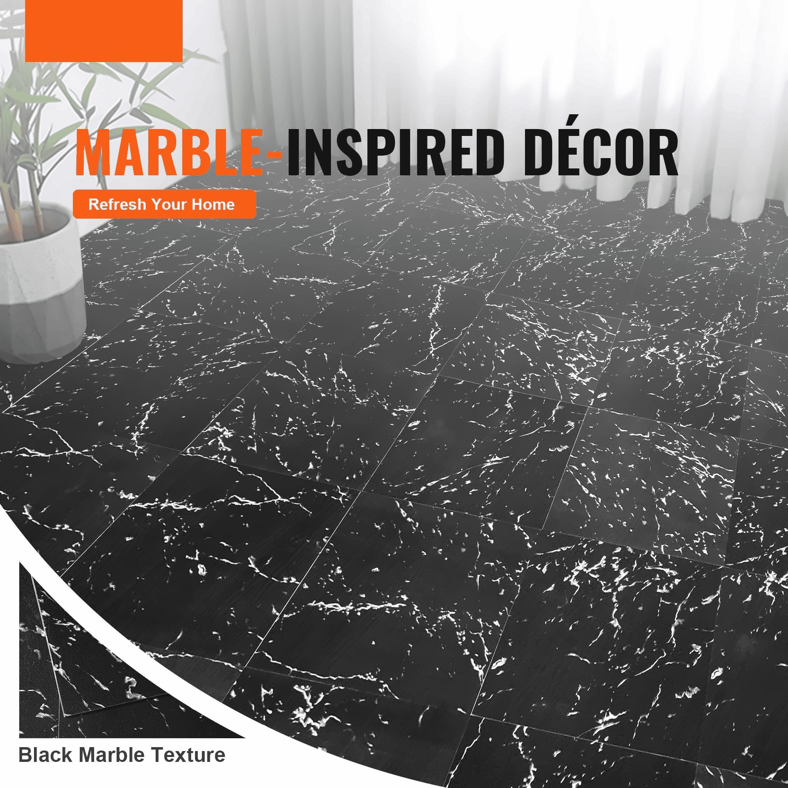 Peel and Stick Floor Tiles 12x12, 50 Pack Black Marble Vinyl Flooring, 1.5mm Thick Self Adhesive Tiles for Kitchen, Bathroom, Bedroom DIY Home Decor