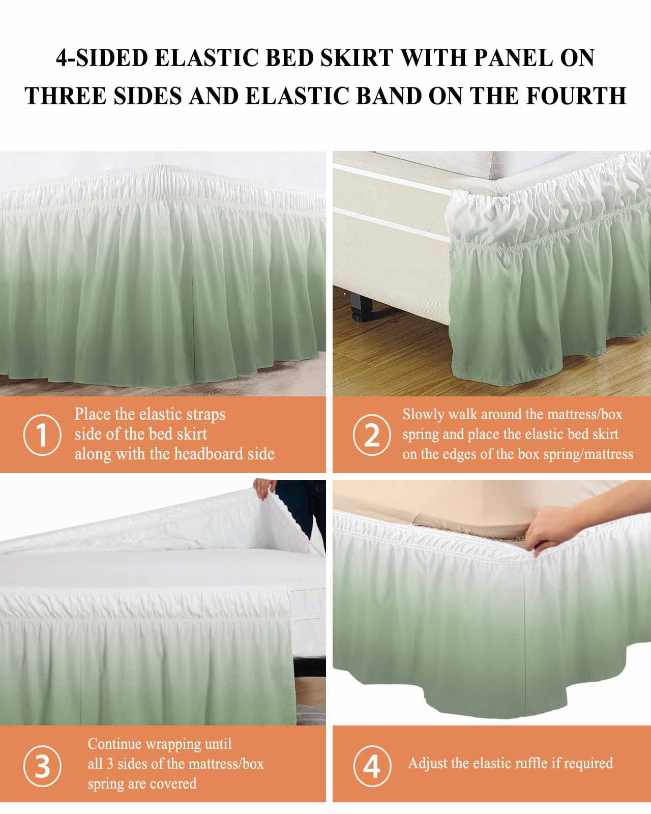 Sage Green Ombre Bed Skirt King Size, Modern Sage Green Abstract Art Wrap Around Bed Skirting with Adjustable Elastic Strap, Dust Ruffle Pleated Bedskirts 16 Inch Drop for Bedroom King Beds