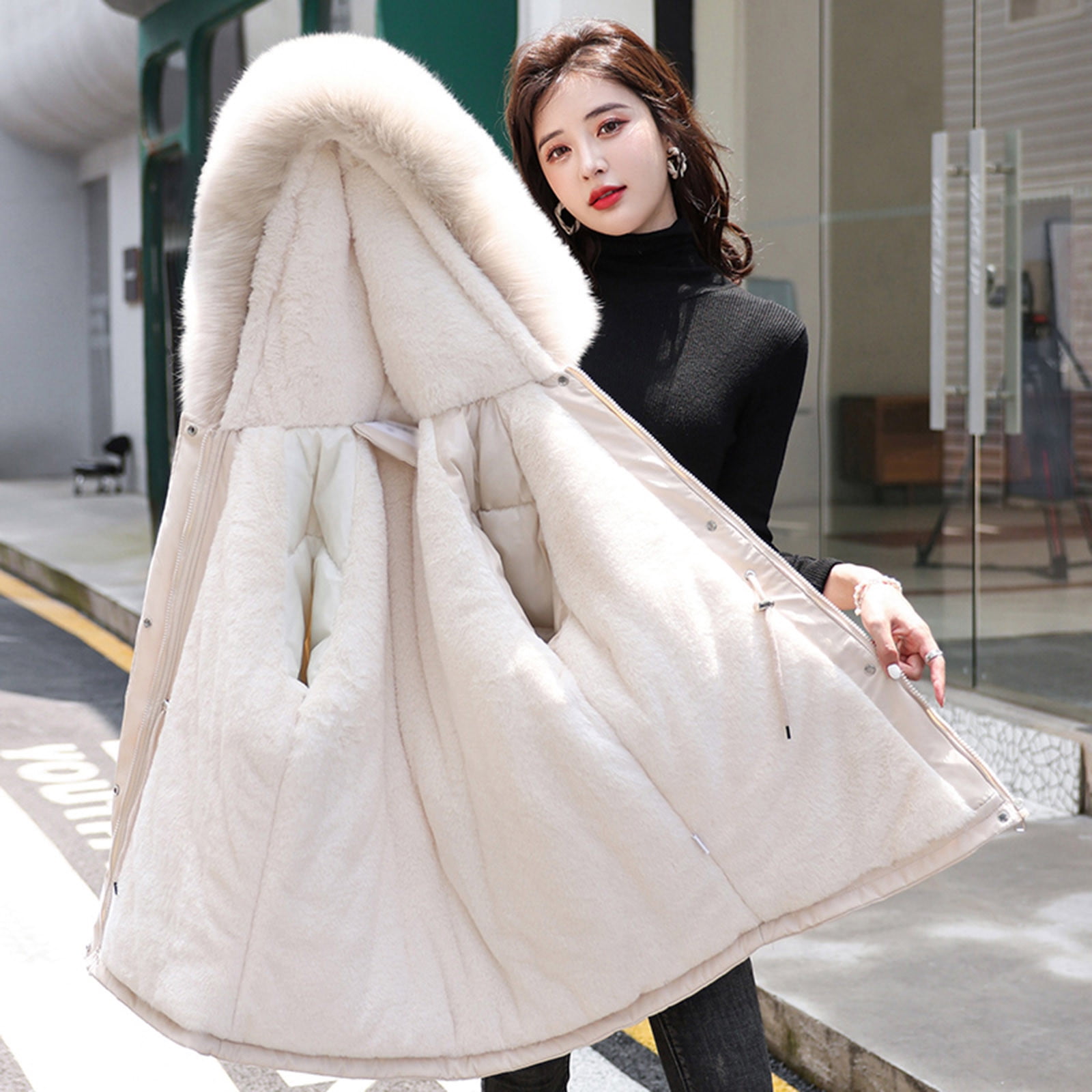 Bmisegm Manteau D'Hiver Pour Femmes Col à Revers Manches Longues Veste En Cuir Rembourrée Manteau Vintage Épais Veste En Peau De Mouton Avec Lacets Manteaux Pour Femmes Noir M