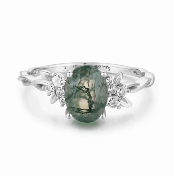 Auory Nature Inspired Lab-Created Green Moss Agate Solitaire Engagement Ring - Forest Ring - 18K White Gold Plating for Women