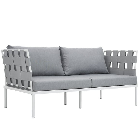 Modern Contemporary Urban Design Outdoor Patio Balcony Loveseat Sofa, Grey White Gray, Rattan