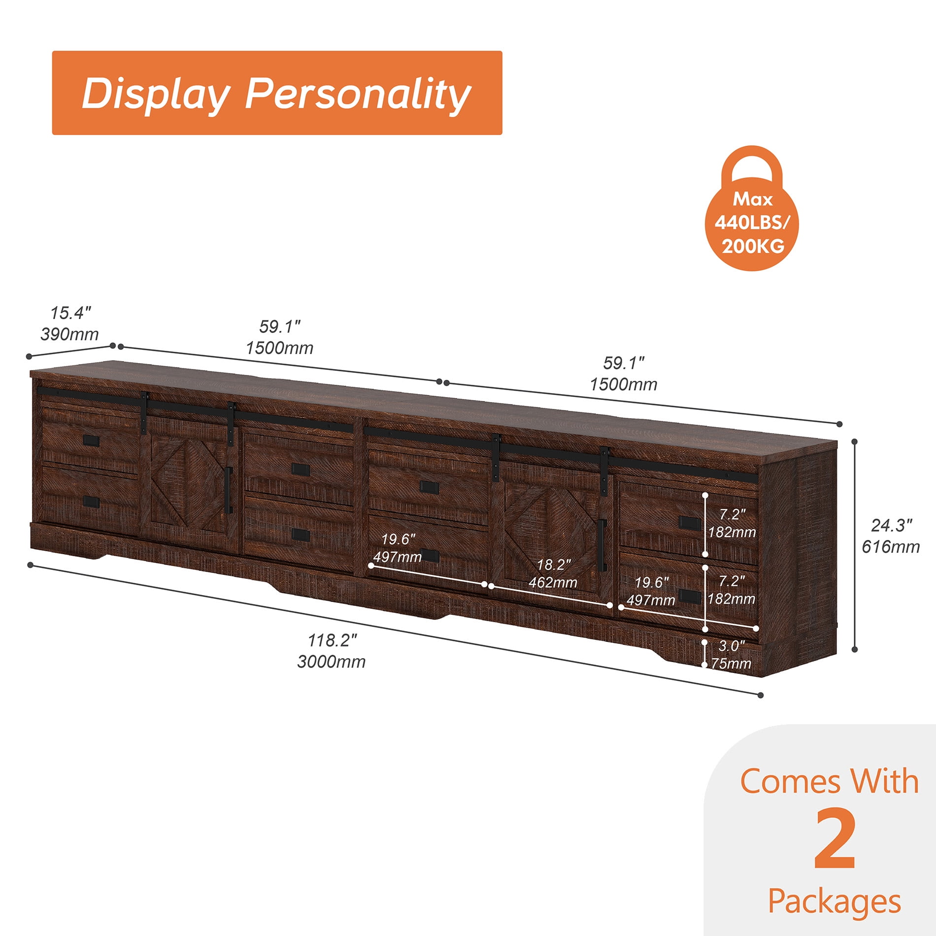 WAMPAT 2 in 1 Modern Farmhouse TV Stand for 130" TV with Barn Door & Rub Through Distressing, Wood Entertainment Center with Drawers and Storage Cabinet for Living Room,Rustic Brown