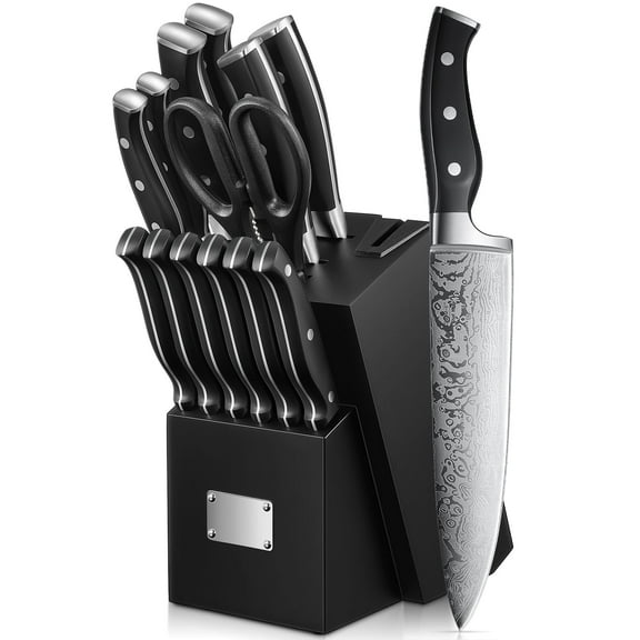 D.Perlla 14 Piece Kitchen Knife Set with Block and Built-in Sharpener, Ultra Sharp & Rust Resistant, German Stainless Steel
