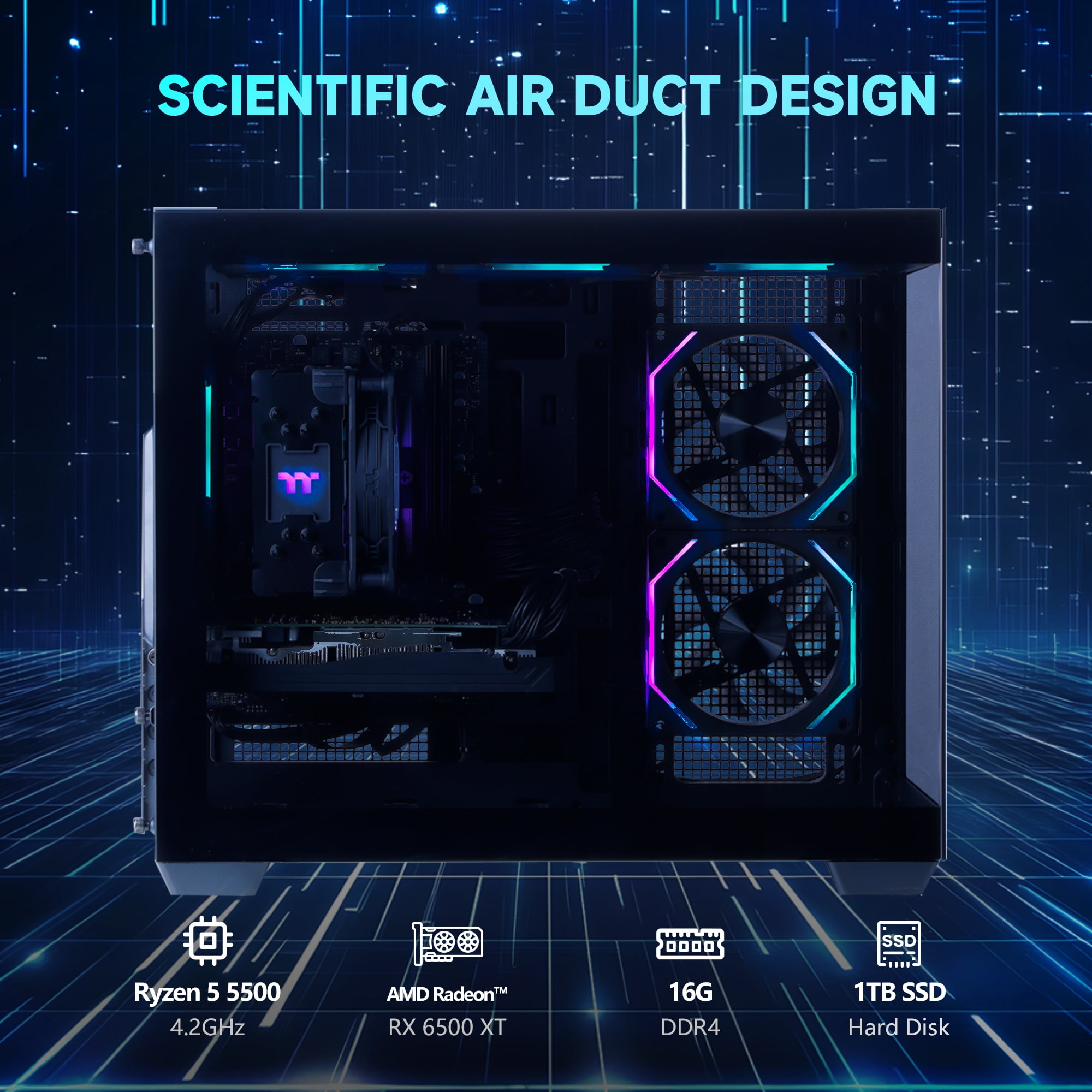 Mloong Gaming PC Desktops AMD Ryzen5 5500, Radeon RX 6500XT 4GB, 1TB SSD, 16GB RAM, 650W, Win11, Wifi, PC Gaming