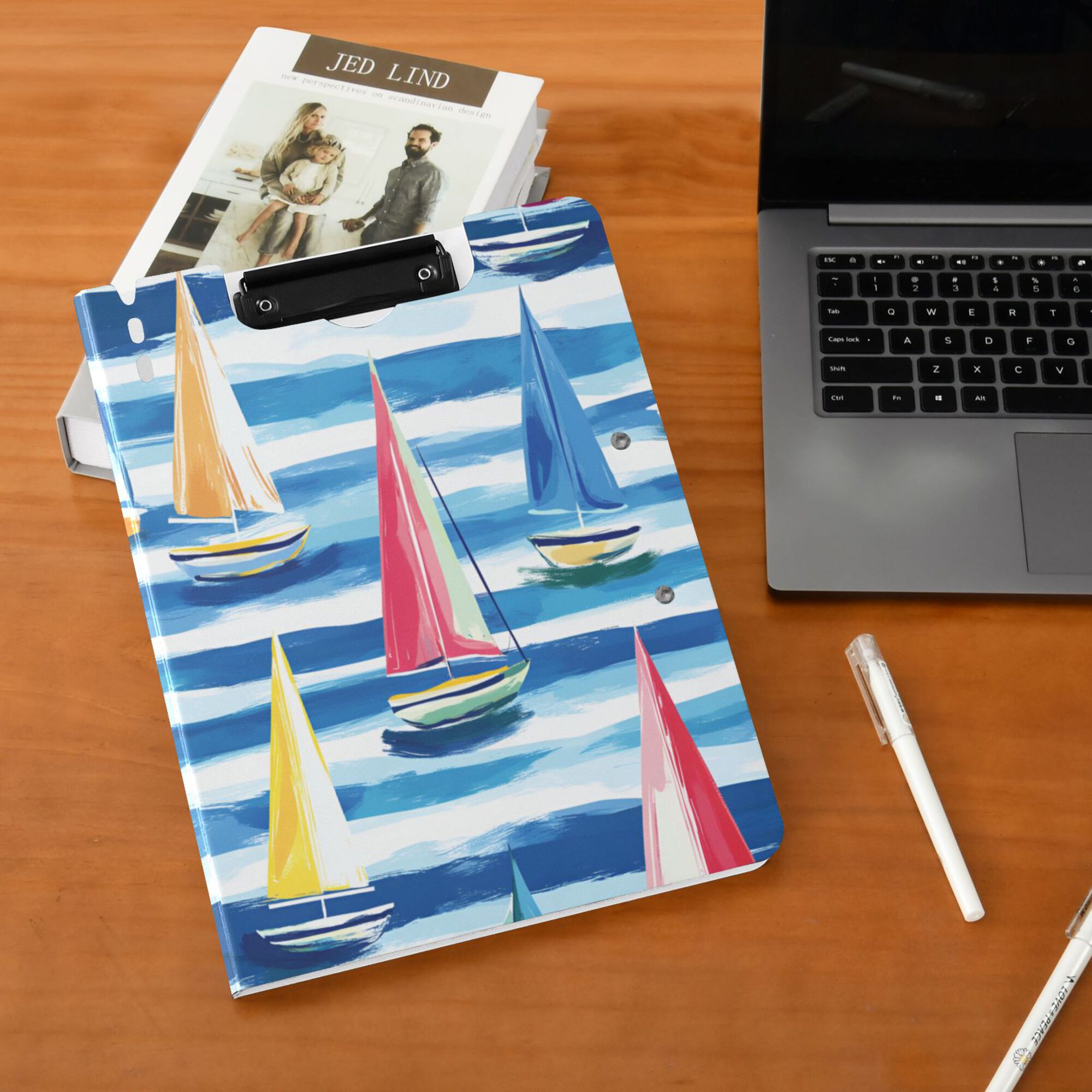 FORMRS A4 Clipboard Folder with Pen Holder Horizontal Foldable School Office Binder, Green Sailboats