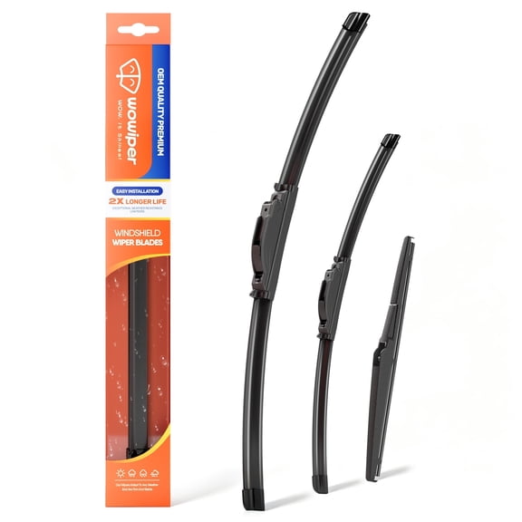 WOWIPER 3 Pack Beam Windshield Wiper Blades, Front & Rear Replacement Wipers, Premium Natural Rubber Frameless Design, J/U Hook, Quiet Streak-Free All-Season Performance