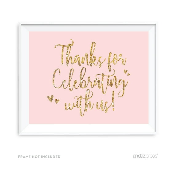 Thank You For Celebrating With Us Blush Pink Gold Glitter Print Wedding Party Signs
