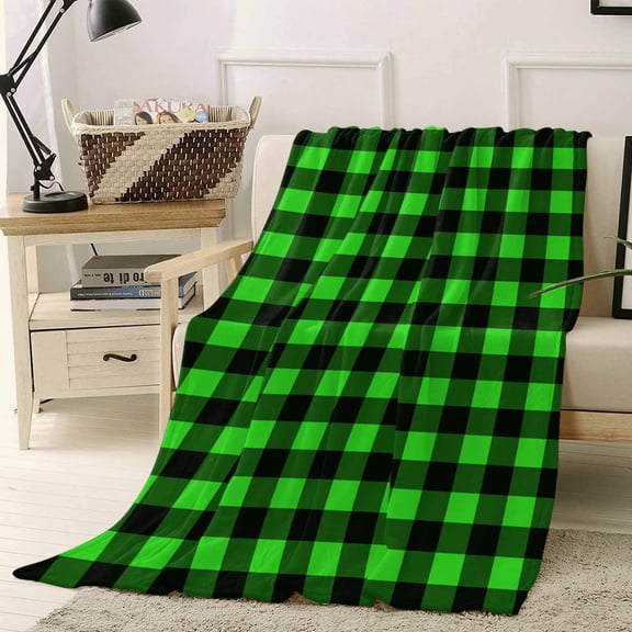 Fleece Blanket Pastoral Green Black Buffalo Plaid Blankets, Soft Cozy Warm Flannel Throw Blanket, Minimalist Checkered Blanket for Bed Couch Sofa,40x50In