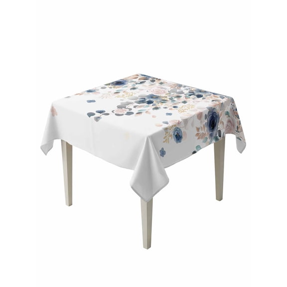 Navy Blue Flowers Table Cloth, Waterproof Tablecloth for Square Tables, Spring Floral Elegant Pastoral Watercolor Reusable Washable Fabric Table Cover for Restaurant Kitchen Dining Tables 54"x54"