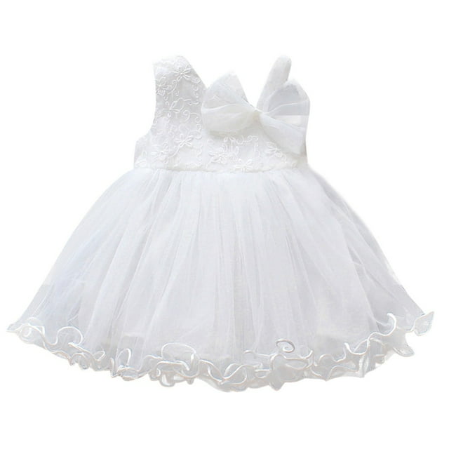 XASZHN Robe Sans Manches Unie pour Tout-Petites Filles avec Volants Duveteux, Nœud, Couche en Maille, Robe de Fête Blanche 12-18 Mois
