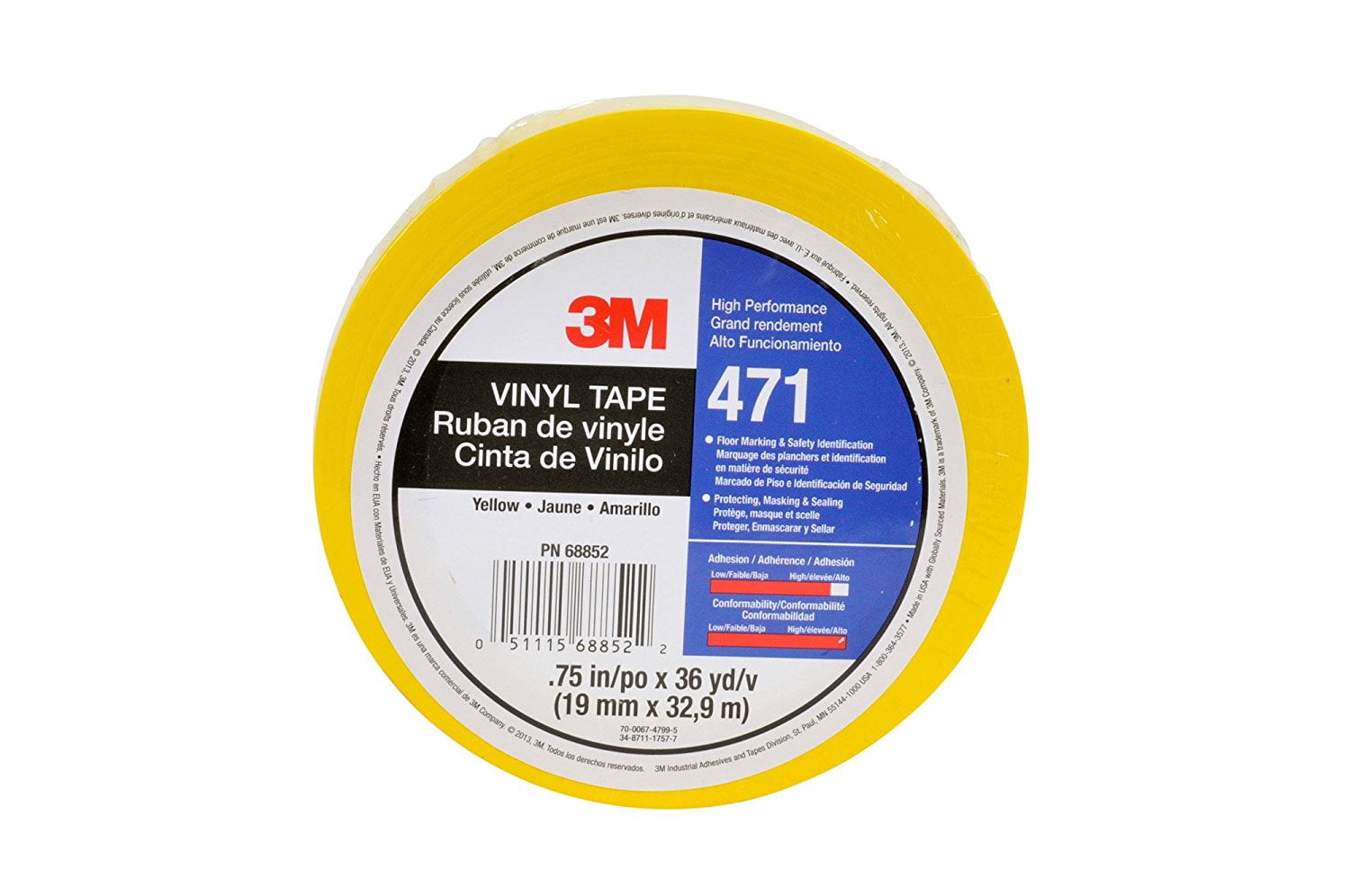 Floor Marking Tape, vinyl, No Legend, Yellow, 3/4 in W., 5.2 mil Thickness 471