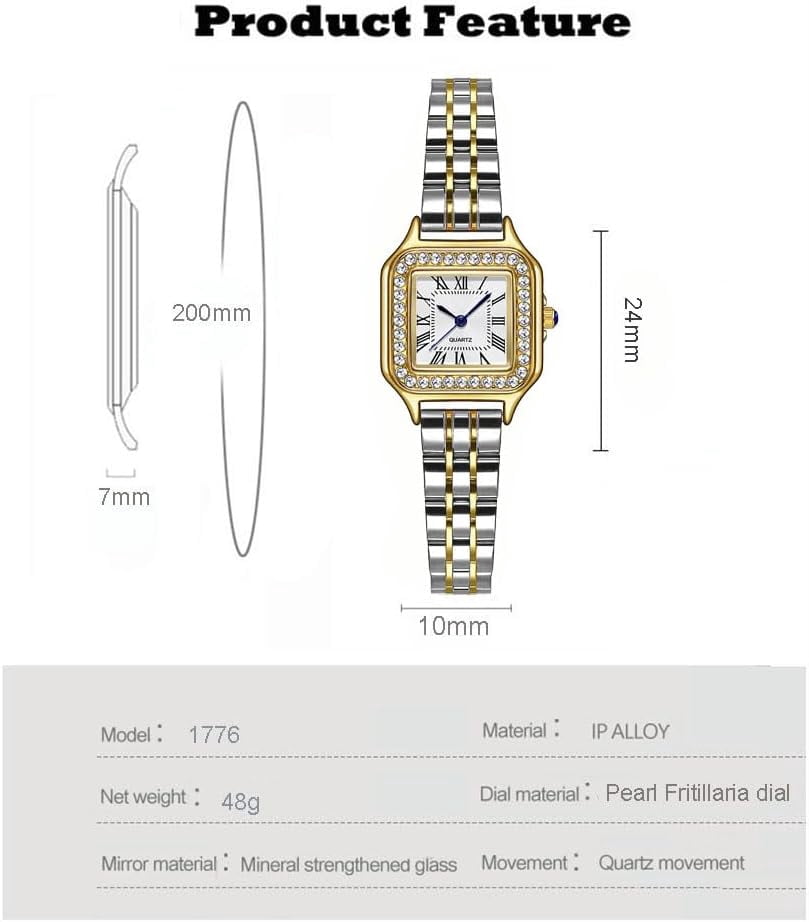 Gold Watches for Women Dainty Square Vintage Watches Luxury Ladies Diamond Accent Dress Stainless Steel Bracelet Watch Analog Quartz Waterproof Watch