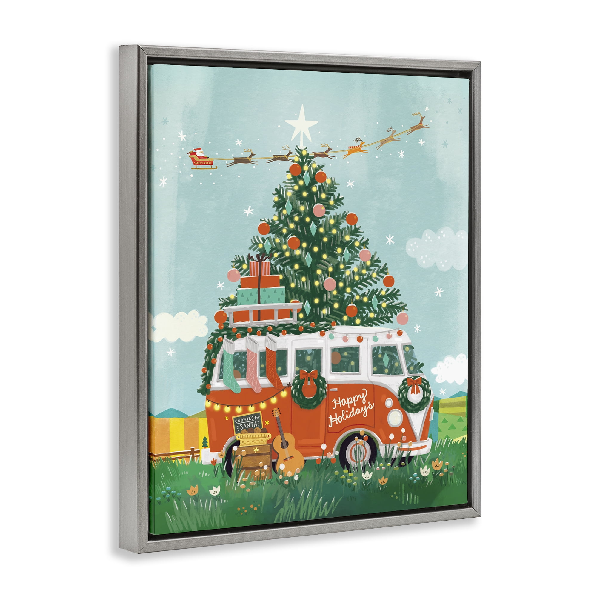 Stupell Industries Christmas Van Hangout Holiday Painting Gray Floater Framed Canvas Art Prints Wall Art, 25 x 31