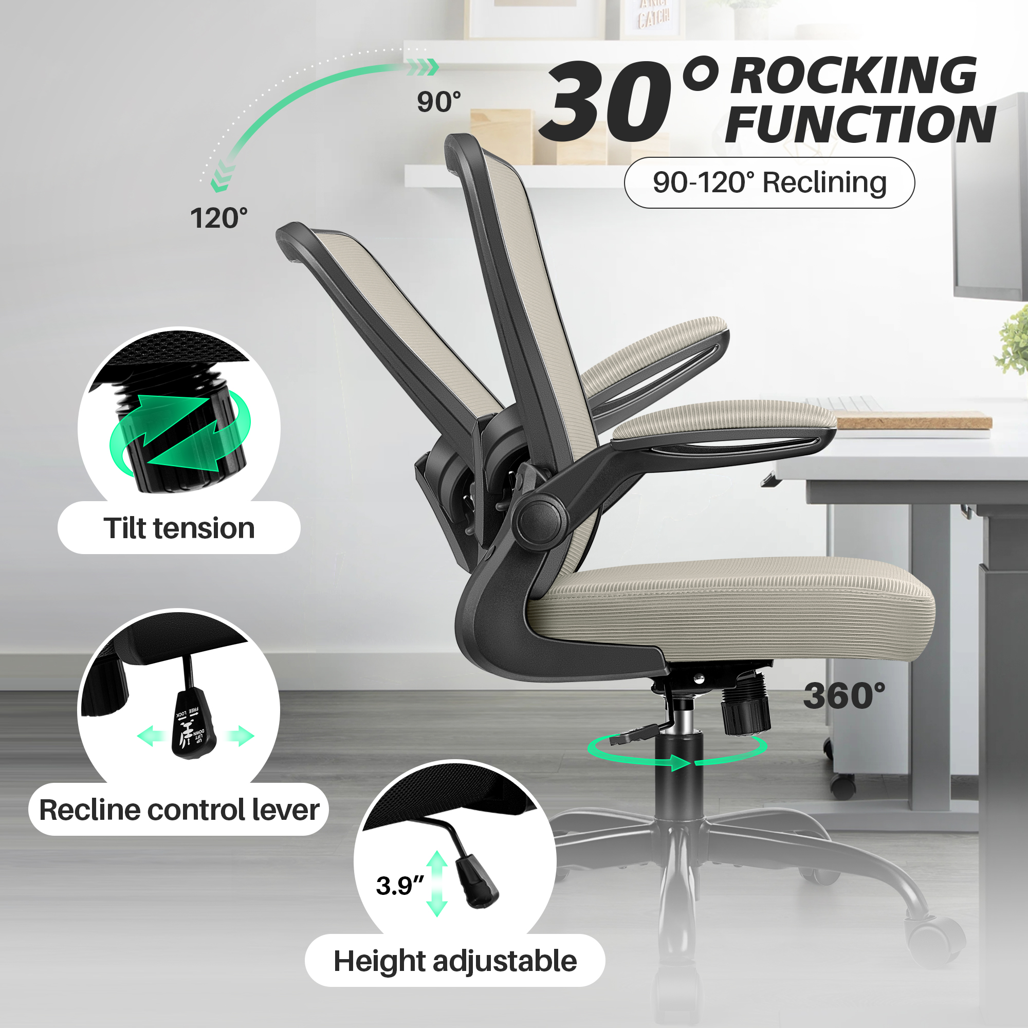 COOLHUT Ergonomic Office Chair, Home Office Desk Chair, Comfort Mesh Task Chair with Adjustable Lumbar Support and Flip up Arms, Gray