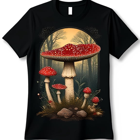 Vintage Inspired Black T-Shirt with Rustic Mushroom Forest Graphic