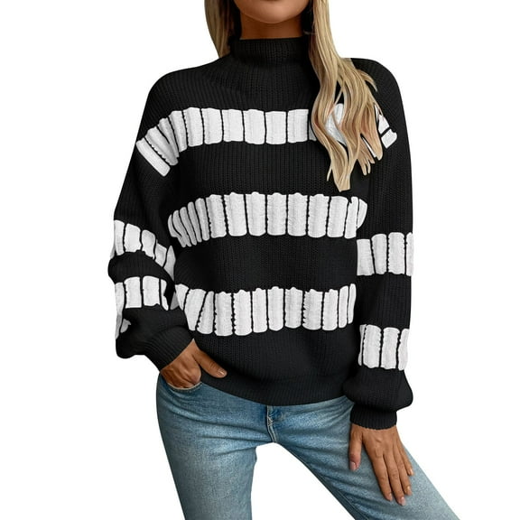 Bovemsi Womens Sweaters Cozy Striped Sweater For Women Long Puff Sleeve Color Block Turtleneck Knit Pullover Business Casual Sweaters