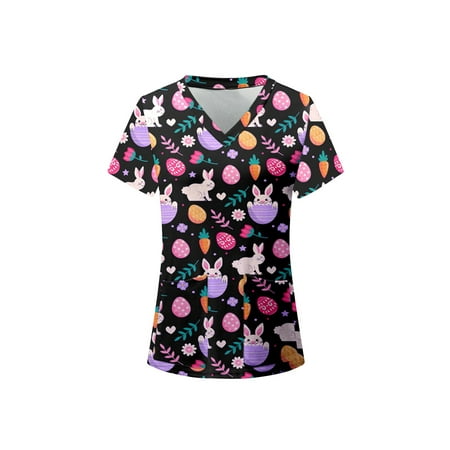 

Easter Scrubs Tops for Women Nursing Uniform Tops T-Shirt V-Neck Short Si Mock Wrap Top Tee